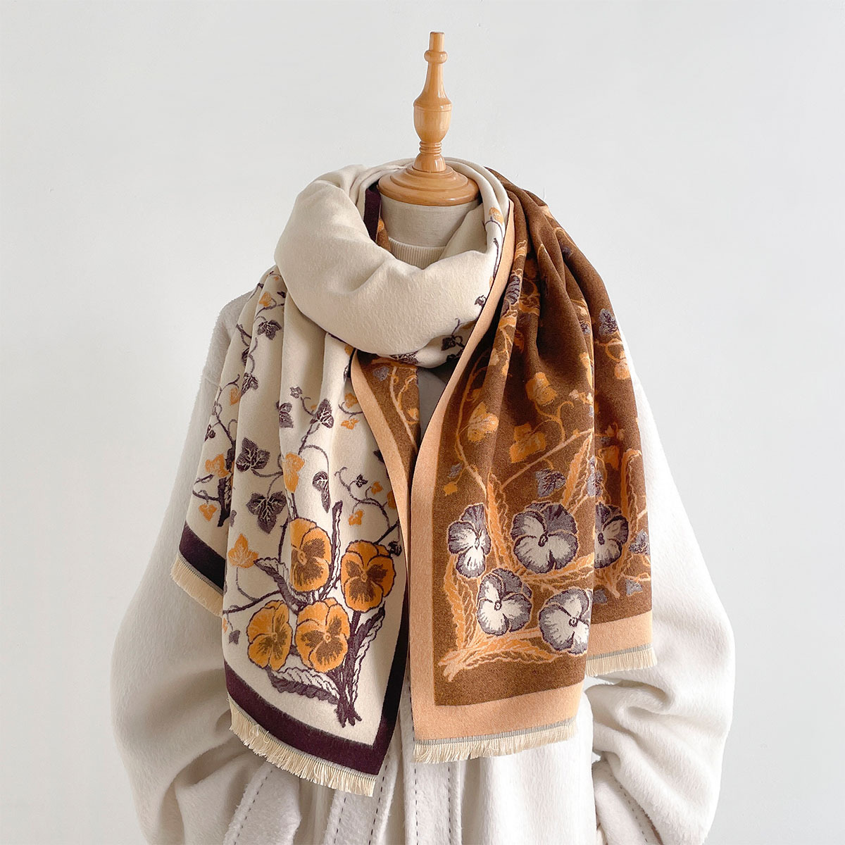 Pashmina Wrap Large - 女性用イミテーションカシミヤスカーフ フリンジ付き 厚手 暖かいショール リバーシブル 冬用