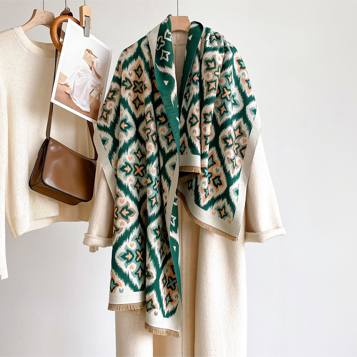 Woven Scarf Blanket - 女性用リバーシブルイミテーションカシミヤスカーフ 冬用 厚手 暖かい ヴィンテージ 大判ブランケットショール