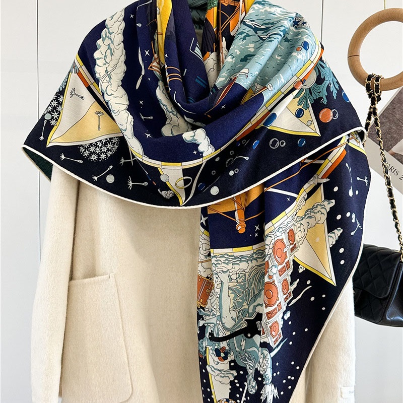 Woven Scarf Blanket - 女性用ウールブランケットスカーフ,特大ショール,正方形,暖かい,両面,プリント,132x132cm,冬用
