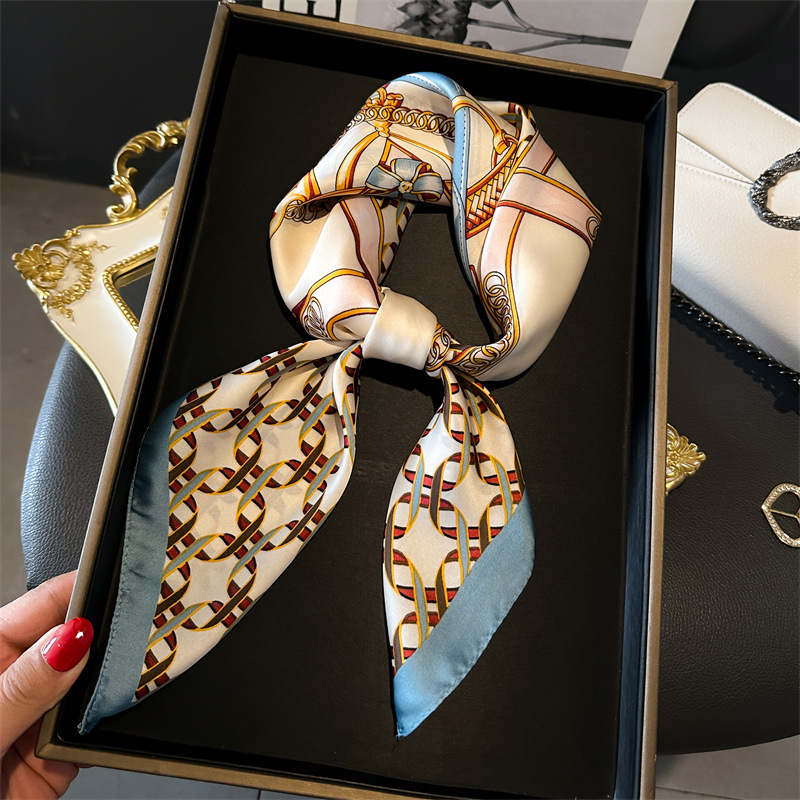 Face Scarf Mask - 高級女性スクエアスカーフチェーンプリントバンダナ女性シルクスカーフカジュアルシャツ装飾 70 センチメートルネッカチーフヘッドバンド女性