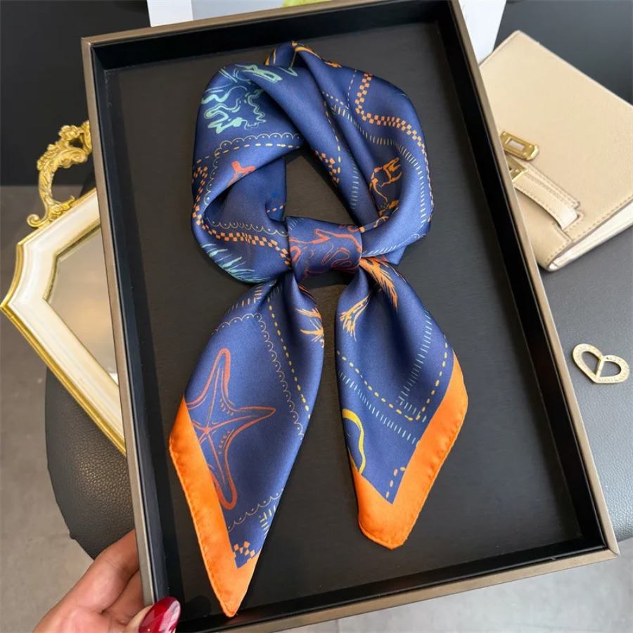 Bandana Cotton - ブループリントシルクスクエアスカーフ女性高級ソフトサテンショールヒジャブネッカチーフ女性ヘアリボンヘッドバンドファッションラップバンダナ