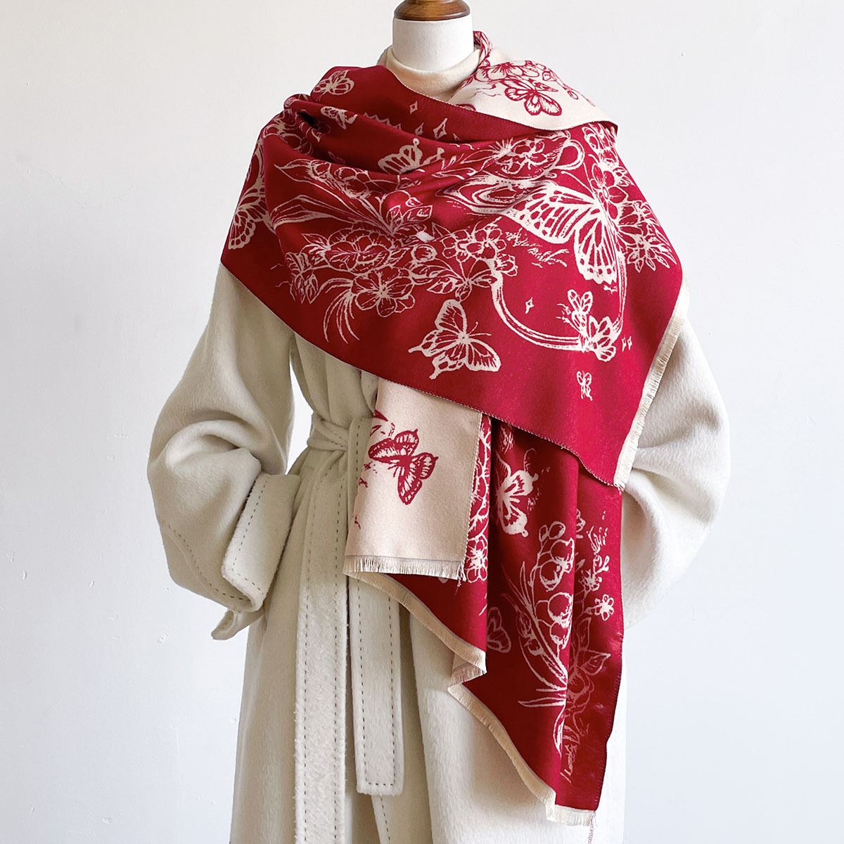 女性用イミテーションカシミヤスカーフ フリンジ付き 厚手 暖 - Pashmina Wrap Large のレビューと価格