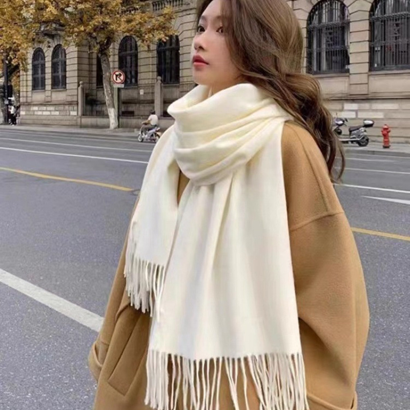 無地のイミテーションカシミヤスカーフ、女性用フリンジ付き厚手 - Pashmina Wrap Large のレビューと価格