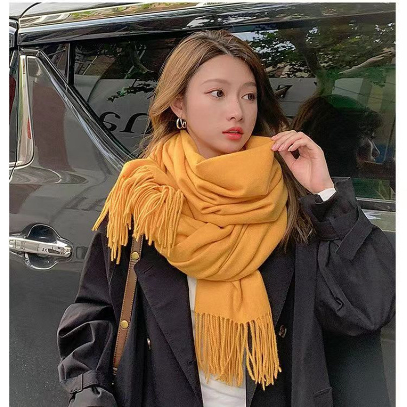 無地のイミテーションカシミヤスカーフ、女性用フリンジ付き厚手 - Pashmina Wrap Large のレビューと価格